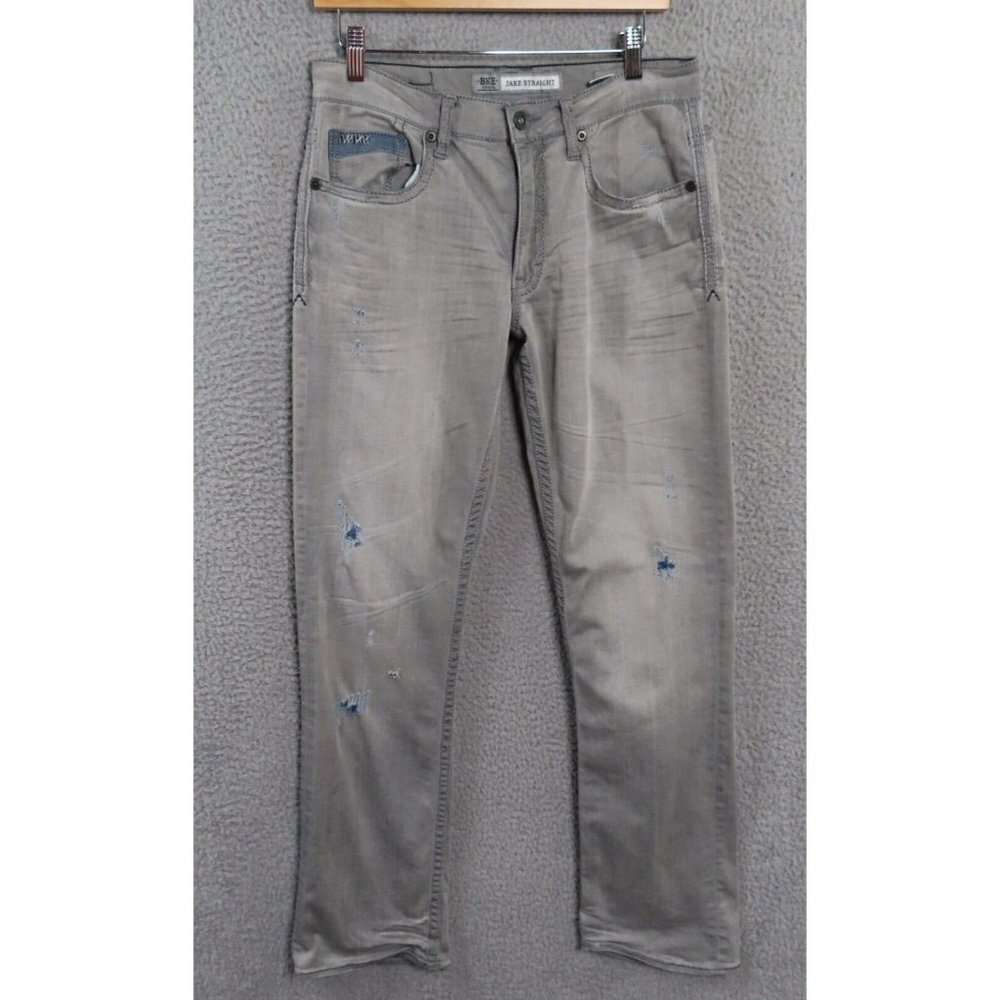 BKE Gray‎ Denim Jeans Jake Straight Mens 30 R Pockets Distressed Ripped Patch